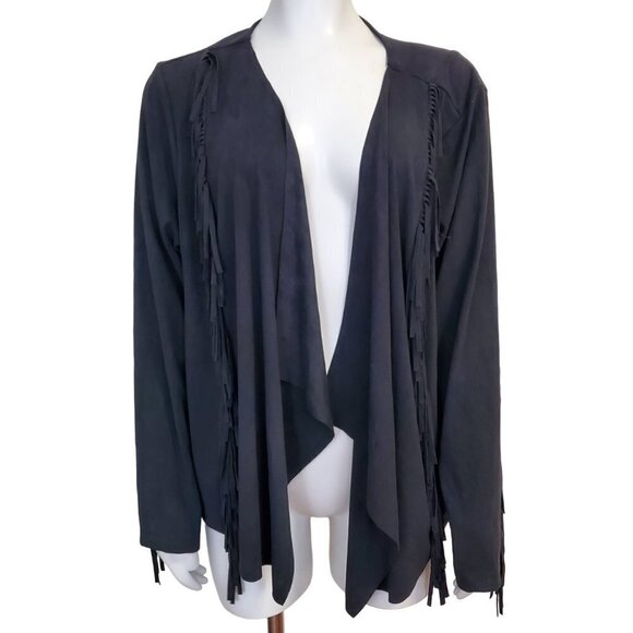 NEW Colleen Lopez Faux Suede Fringe Sleeves Open Front Jacket Waterfall Front M - Picture 1 of 9